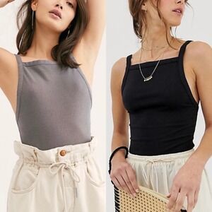 Free People Intimately Set Up Tank Top Set L Grey Black Ribbed Square Neck Basic